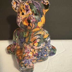 Ceramic Decoupage Floral Shelf Sitting Bear Patchwork 6.5" Tall
